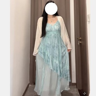 大码 暴 女装 微胖MM蕾丝花边扎染盐系氛围感吊带裙两件套度假风套装