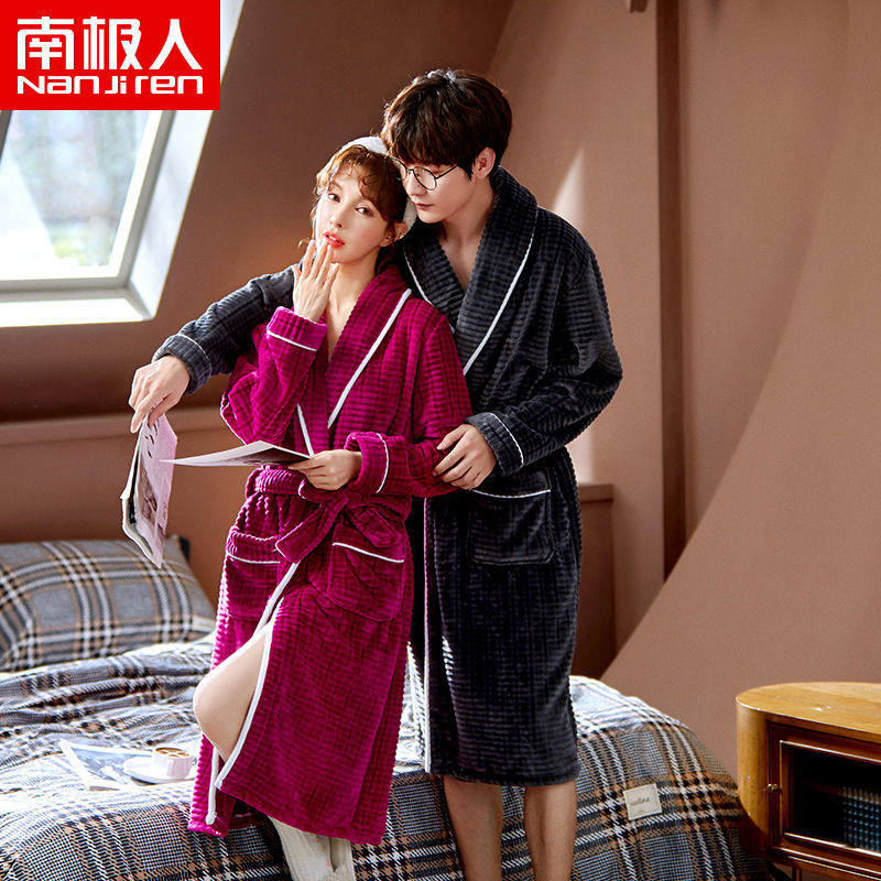 南极人睡袍女秋冬长款珊瑚绒加绒加厚情侣浴袍法兰绒男睡衣家居服