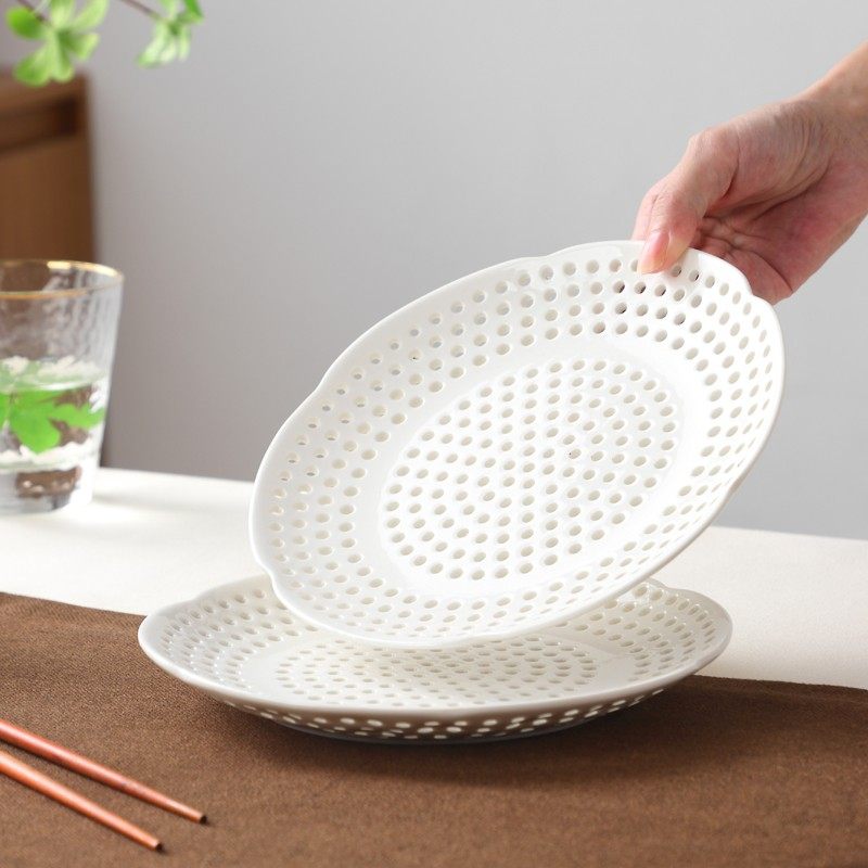 饺子盘新款花瓣 陶瓷蒸盘 沥水盘 水果盘  家用创意网红蒸盘神器,餐饮具,盘,淘宝优惠券,粉丝福利购,淘宝优惠卷