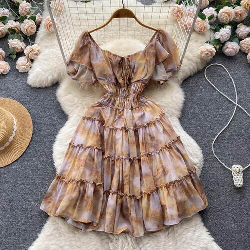 Palace French printed haute couture short waist dress