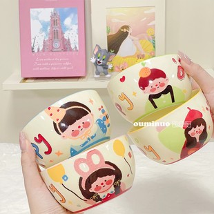 陶瓷饭碗釉下彩家用可爱碗餐具米饭碗高颜值碗盘套 T家有儿女