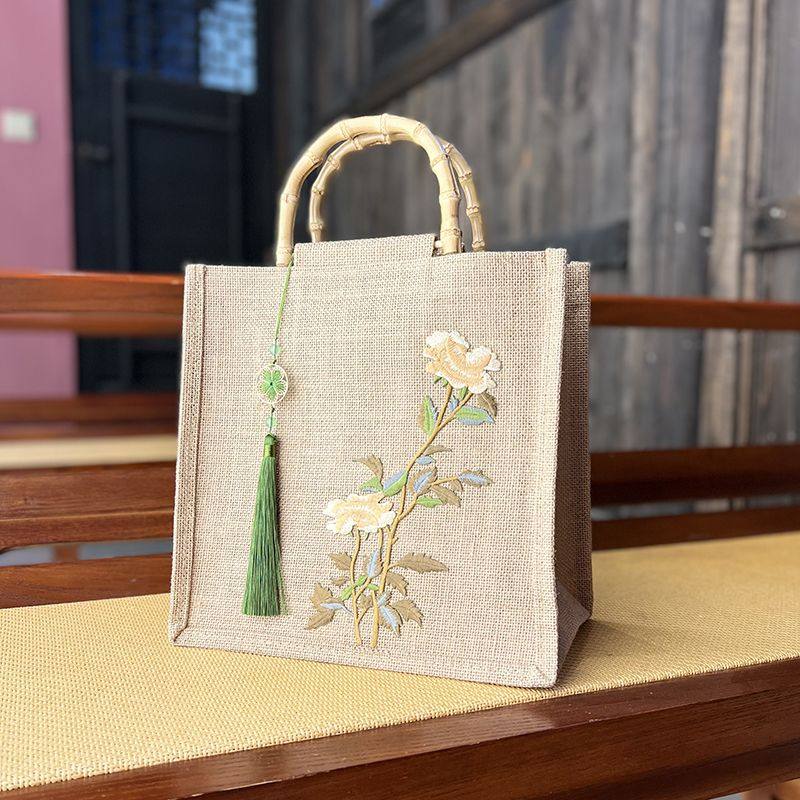 文艺竹把麻布手提包敞口大容量棉绳民族风手提袋收纳包野餐编织包,箱包皮具/热销女包/男包,手拿包,淘宝优惠券,粉丝福利购,淘宝优惠卷