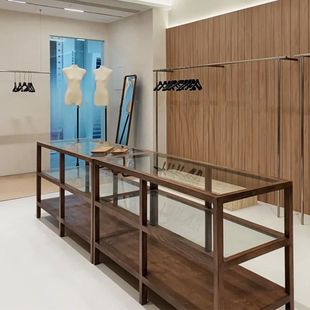 实木中岛柜服装店中岛流水台置物架饰品陈列摆台胡桃色女装展示架