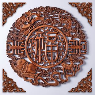 东阳木雕福字挂件香樟木雕刻角花玄关背景墙吊顶装饰搭配三角蝙蝠