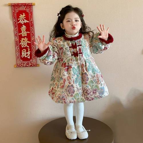 女宝宝冬裙碎花棉衣连衣裙宝宝拜年服儿童加厚冬装夹棉汉服公主裙