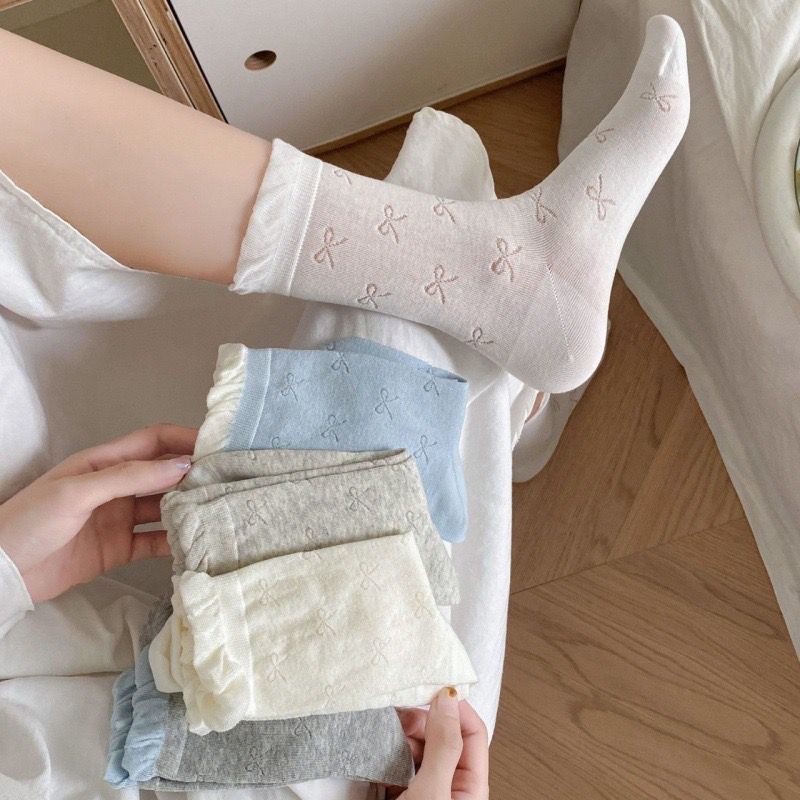 春夏女蝴蝶结镂空网眼中筒袜花边百搭miu系泡泡口堆堆袜