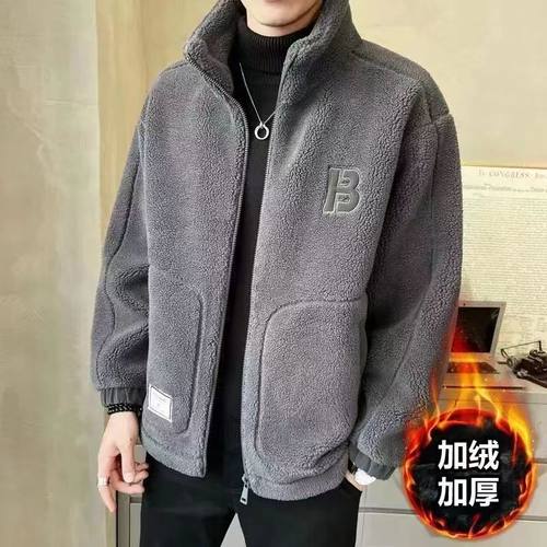 2024男秋冬季新款羊羔绒外套男士立领潮流加绒加厚男装冬装外套潮