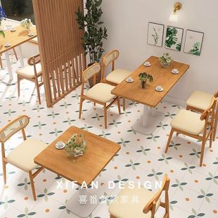 復古咖啡廳實木餐桌組合西餐廳奶茶店網紅甜品烘焙店實木餐椅 美式
