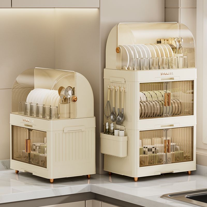 俏洁多功能置物碗柜家用带盖免打孔沥水碗筷收纳箱厨房整理收纳柜