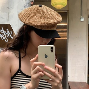 海军帽 法式 浪漫 手工草编钩针八角帽子女夏天出游度假拼接个性
