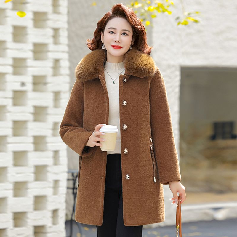 冬季中年妈妈装毛呢外套大毛领中长款加绒加厚中老年女装呢子大衣