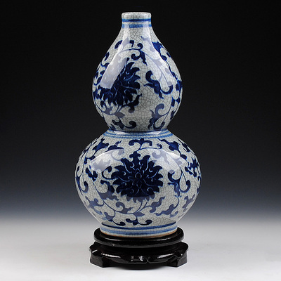 景德镇陶瓷花瓶摆件仿古官窑青花瓷花瓶裂纹釉葫芦古典家居装饰品