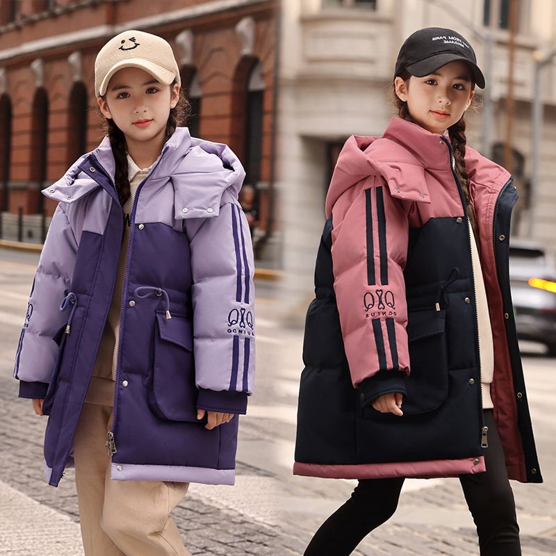 新款女童羽绒服中长款韩版收腰中大童洋气拼色加厚小女孩外套冬袄