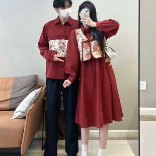 拜年服女装冬中国风套装新中式国风情侣装秋冬复古红色灯芯绒连衣