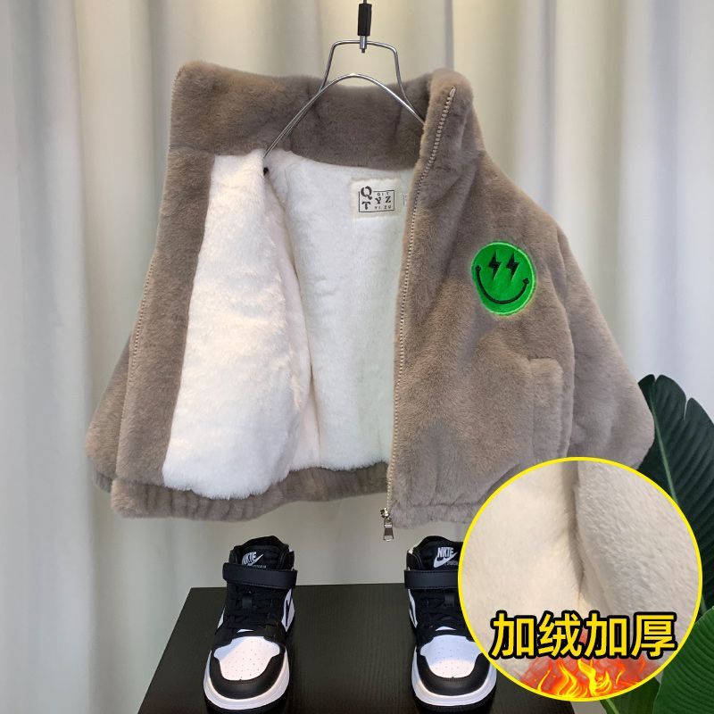 男童加绒外套冬季棉衣2025新款儿童加厚毛毛衣冬装宝宝羊羔绒棉服