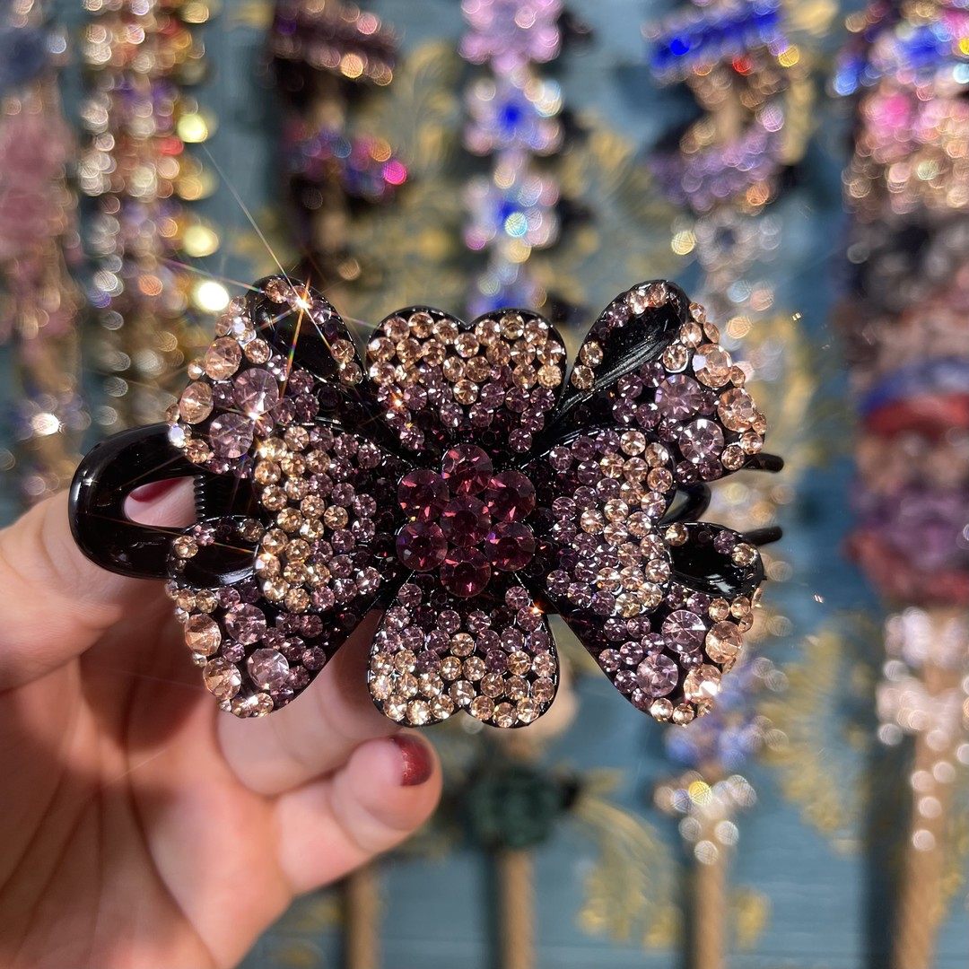 新款花朵鸭嘴夹韩版简约气质百搭水钻发夹妈妈头饰发卡轻奢满钻