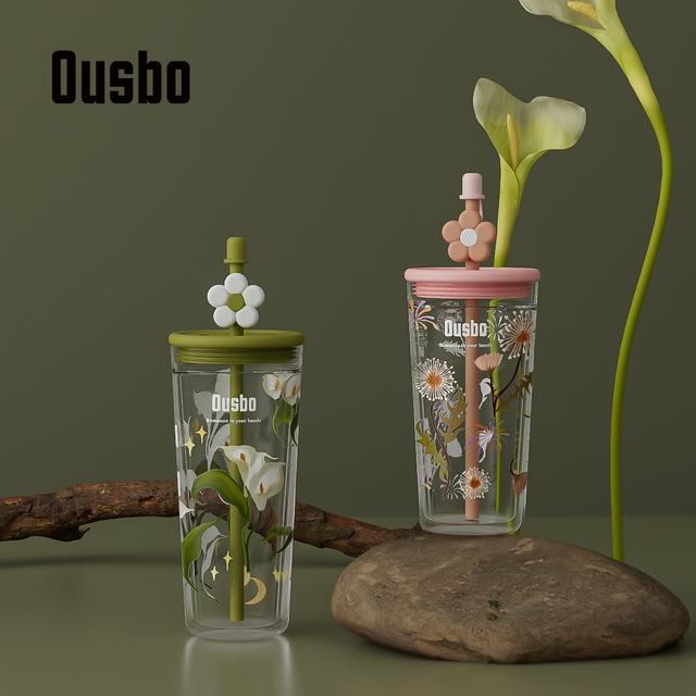 Ousbo花花玻璃水杯女生高颜值网红吸管杯耐高温大容量奶茶咖啡杯