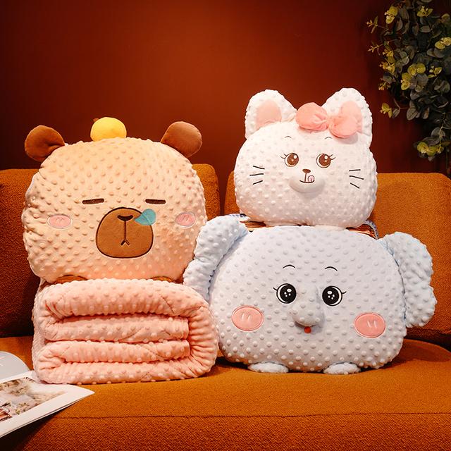 可爱豆豆绒空调被子二合一多功能汽车毛毯车载靠枕抱枕办公室午睡