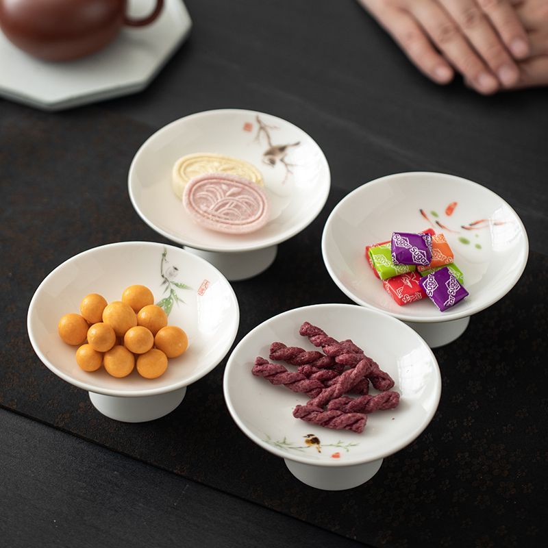 陶瓷高脚小圆盘中式创意茶点心盘干坚果糕点水果盘茶室餐厅菜碟子