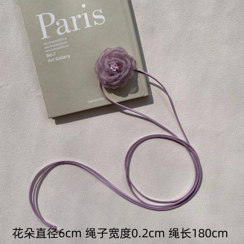 紫色手工纱花朵choker立体山茶花小众纯欲风绳子
