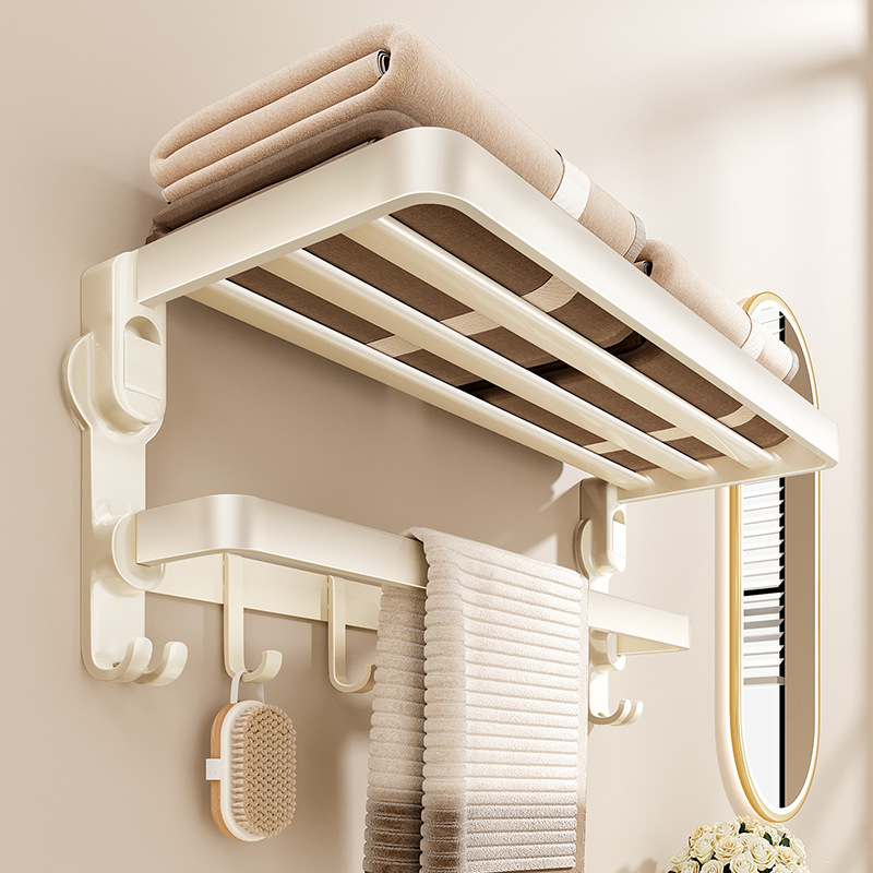 奶油风铝合金吸盘毛巾架一体卫生间免打孔浴巾架子浴室置物架挂架