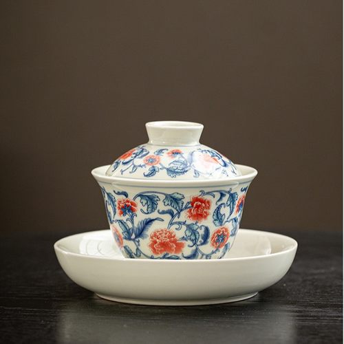 复古青花釉里红盖碗牡丹花盖碗大容量缠枝功夫茶具三才盖碗茶具