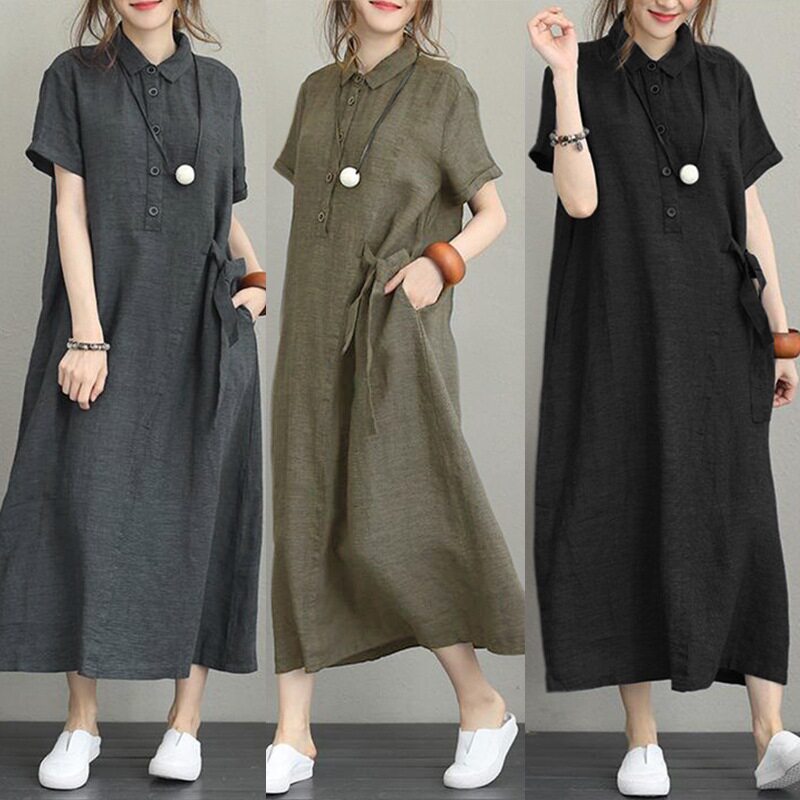 Women Cotton Linen Pocket Dress Korean O-Neck Short Sleeve L图片