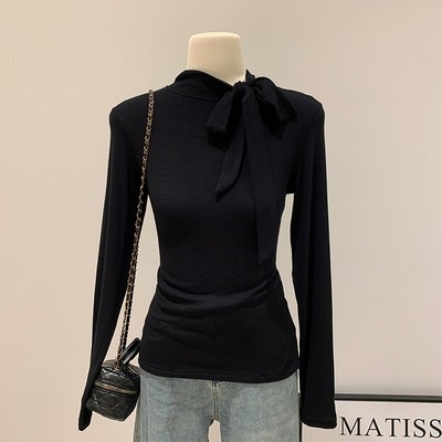 黑色蝴蝶结绑带半高领T恤2025春季长袖打底衫女内搭设计感上衣ins