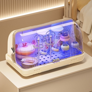 奶瓶收纳盒防尘紫外线消毒杯子晾干沥水箱婴儿宝宝辅食碗柜置物架