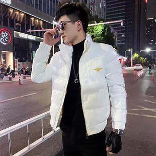 冬季新款男士立领亮面加厚棉衣青少年蜜蜂刺绣短款高级羽绒棉服男