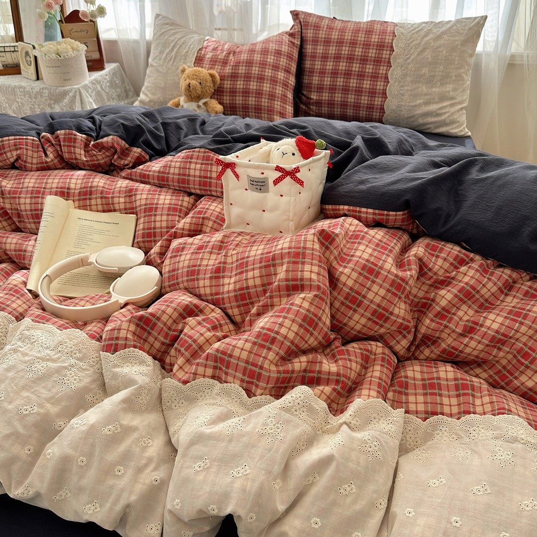 韩系ins蕾丝花边水洗棉四件套复古格纹被套床单人宿舍床品三件套2,床上用品,学生床品套件,淘宝优惠券,粉丝福利购,淘宝优惠卷