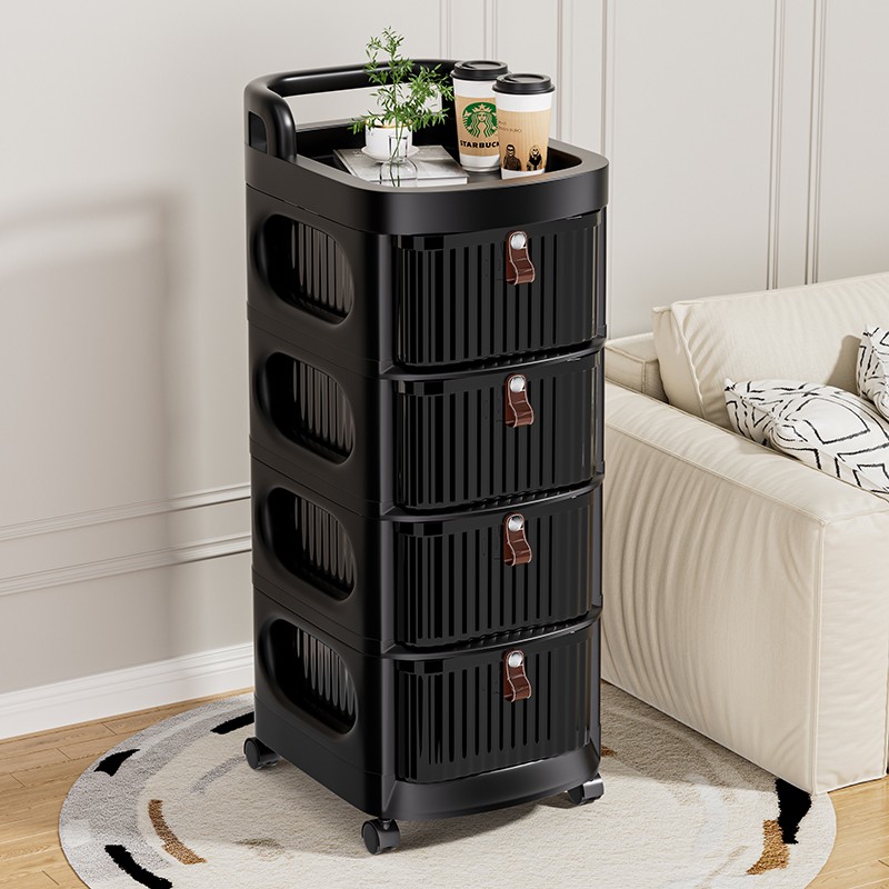 黑色小推车置物架抽屉式收纳柜落地可移动家用储物柜玩具储物客厅