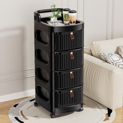 黑色小推车置物架抽屉式收纳柜落地可移动家用储物柜玩具储物客厅