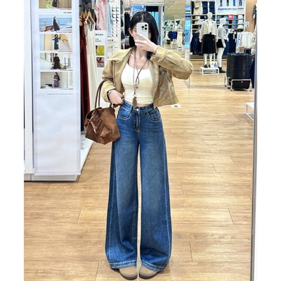 乔栈早秋新款刺绣阔腿牛仔裤女高腰复古设计感宽松显瘦小个子穿搭