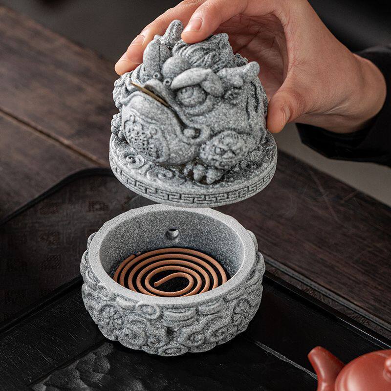 青砂石招财金蟾盘香炉摆件香薰炉可养茶宠客厅鱼缸造景桌面装饰品,餐饮具,茶宠摆件,淘宝优惠券,粉丝福利购,淘宝优惠卷