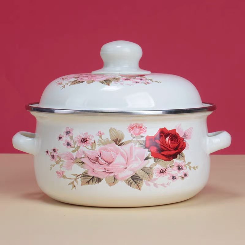 加厚双耳搪瓷锅猪油罐带盖小火锅家用煲汤炖锅熬中药锅电磁炉通用