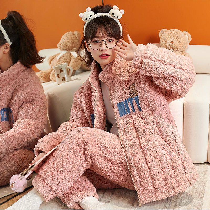 睡衣女冬季三层加厚珊瑚绒夹棉女加绒睡衣连帽女士保暖套装家居服