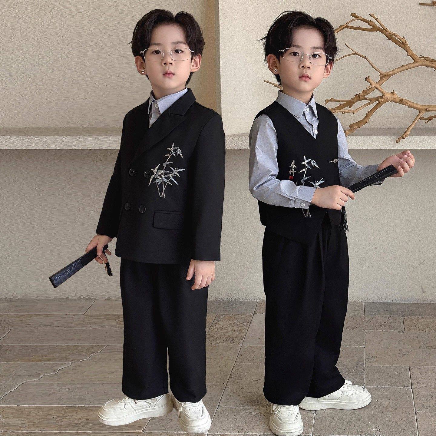 男童新中式西装礼服秋季新款儿童唐装国风马甲套装男孩主持人演出