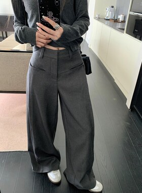 2025新款高腰宽松垂感灰色180cm高个子女士阔腿西装裤长拖地裤