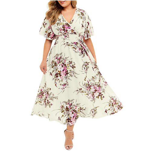 Fashion Plus Size 3XL 4XL 5XL Women Dress Floral Chiffon Flo