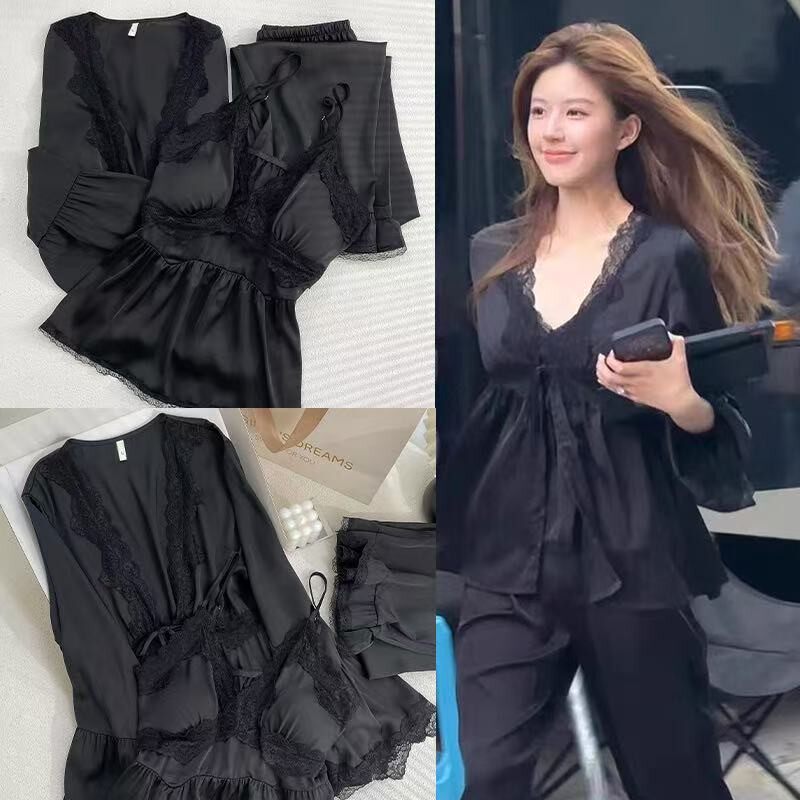 睡衣女款网红冰丝长袖黑色带胸垫三件套大码蕾丝春秋款家居服套装