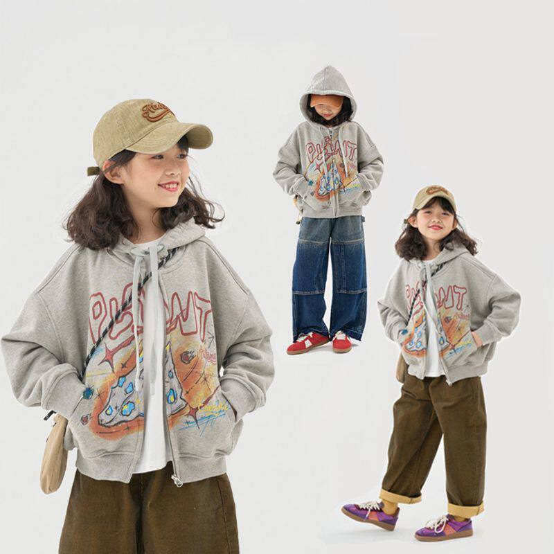 女童外套春款新款宽松涂鸦潮流连帽卫衣韩版休闲春秋款上衣棒球服