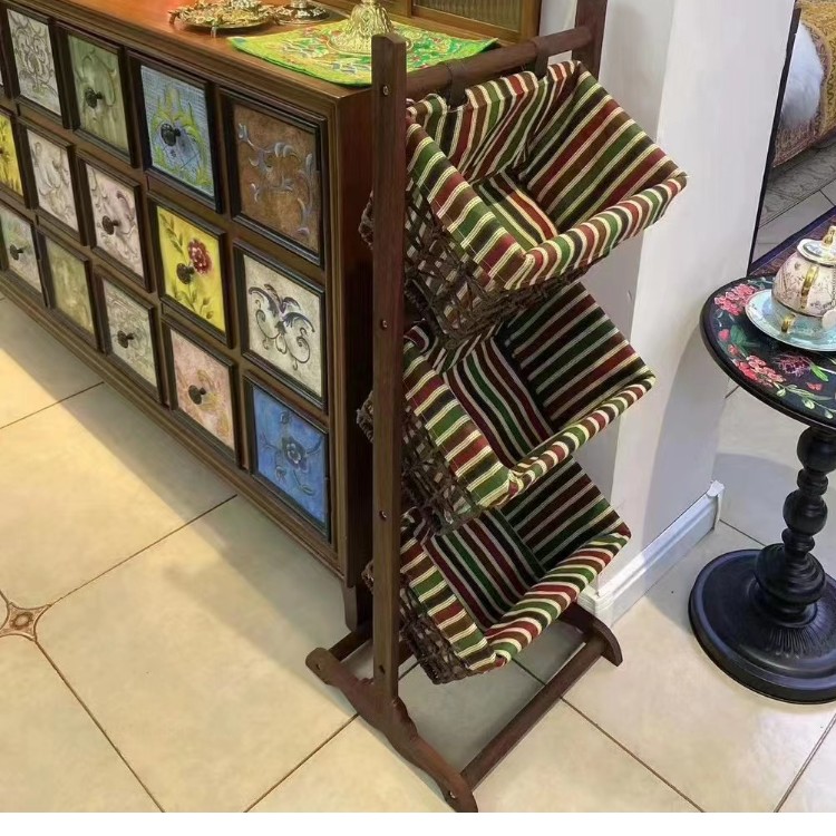 复古落地置物架实木藤编收纳储物架三层吊篮客厅家用收纳架简易