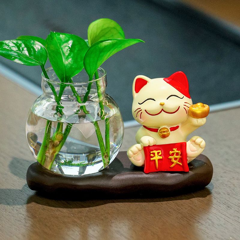 猫形花瓶绿萝鲜花水养花瓶办公室水培器皿招财猫桌面小摆件工位招