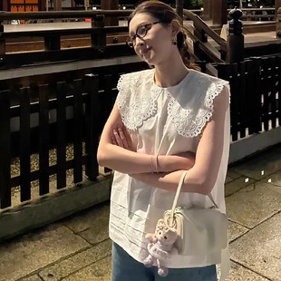 白色重工刺繡鏤空娃娃領無袖 女2025夏季 新款 別致絕美上衣 背心襯衫
