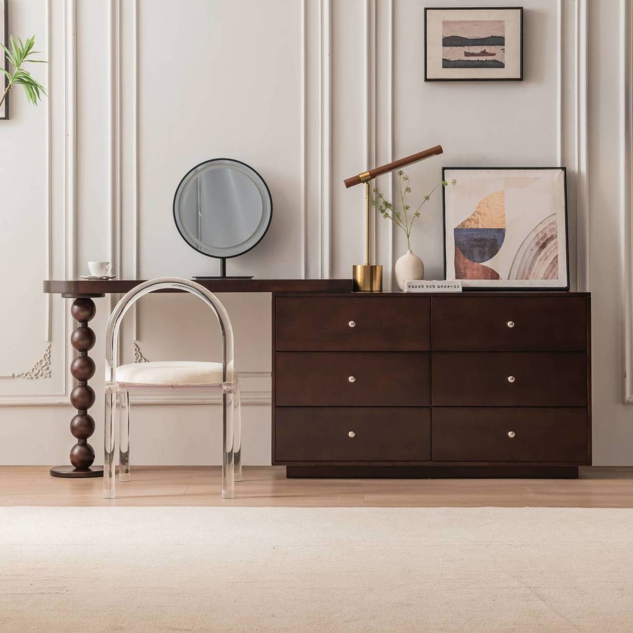 法式复古梳妆台斗柜一体高级胡桃色主卧室转角实木化妆桌床尾柜子