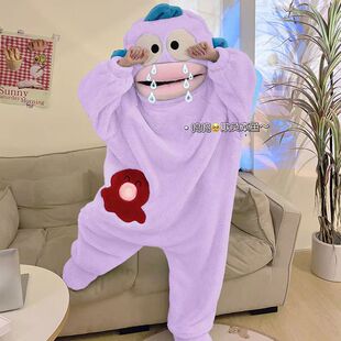 丑鱼汉顿可爱搞怪连体情侣睡衣男女冬季 加绒加厚珊瑚绒卡通家居服