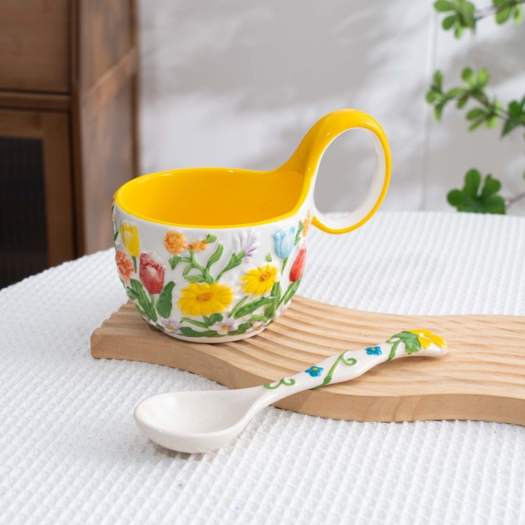 【西里西亚】手绘漫步花海-450ml曲把杯配勺,餐饮具,调羹/饭勺,淘宝优惠券,粉丝福利购,淘宝优惠卷