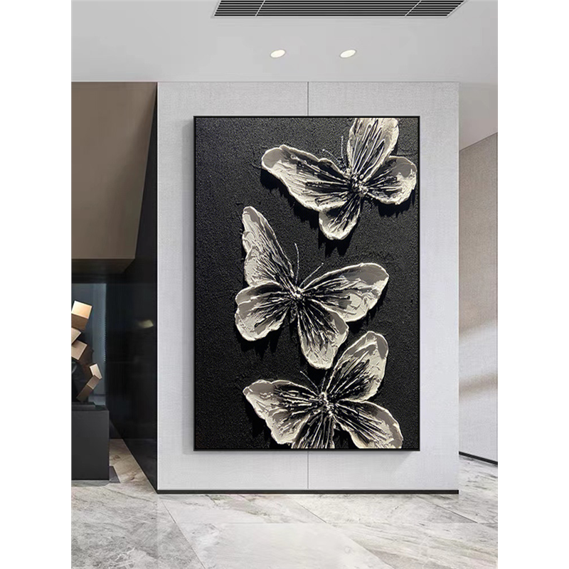 抽象肌理蝴蝶大芬村油画玄关装饰画立体客厅背景墙黑白装饰画图片