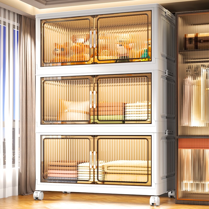 客厅可折叠简约轻奢纯色收纳柜家用免安装抽屉式法式透明双开门